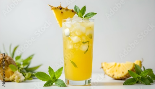 Chilled tropical juice in a frosted tall glass, with ice, pineapple wedge, and mint leaf garnish, clean white background, 