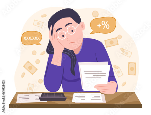 Worried Young Woman Stress Out with Debt for Financial and Bankruptcy Concept Illustration