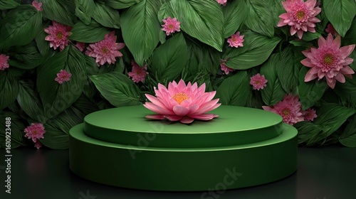 Pink lotus flower on a green pedestal with a lush background of leaves and flowers, creating a serene and natural display.