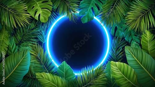 Neon blue circle surrounded by lush green tropical leaves, creating a vibrant and modern jungle-themed composition.