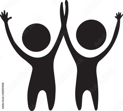 "Teamwork Celebration Icon – Minimalist Stick Figures High-Fiving in Black Silhouette Vector"