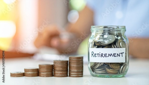 Concept of a retirement savings plan with growing stacks of coins and a jar filled with money. The image conveys financial planning and security for the future