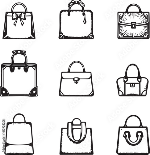 "Handbag Icon Grid – Fashion Vector Collection of Nine Stylish Purses in Minimalist Line Art"