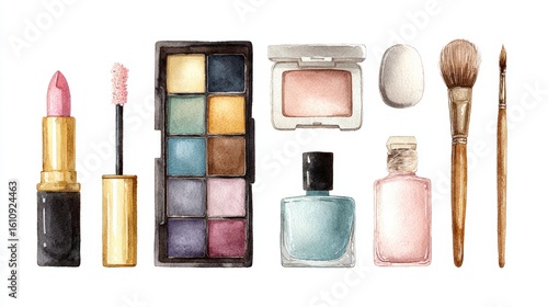 Watercolor illustration of makeup items including lipstick, eye shadow palette, blush, nail polish, perfume, brushes, and sponge on a white background.