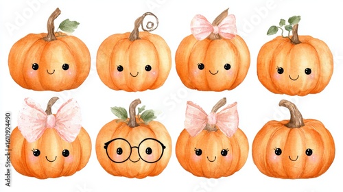 Cute watercolor pumpkins with smiling faces and accessories like bows and glasses, arranged in two rows. Perfect for autumn or Halloween themes.