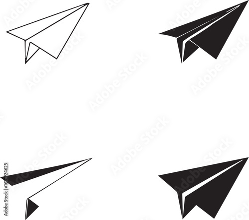 "Paper Airplane Icon Set – Minimalist Vector Silhouettes in Black & White with Varied Flight Designs"