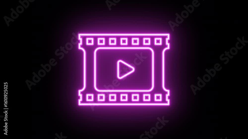 Neon film strip icon animation, uniform rotation with color blink. Glowing neon 3D film frame icon, looped spin with blink. Video player, music clip, cinema tape, movie frame, video reel. 3 colors