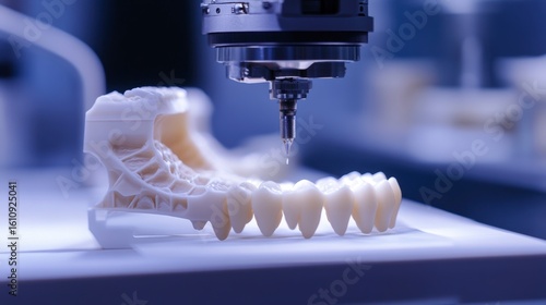 Robotic arm precisely milling a 3D printed dental model.