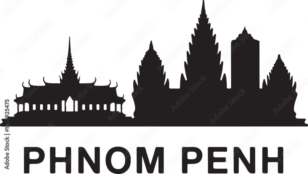 Fototapeta premium Phnom Penh Skyline Silhouette Royal Palace Modern Towers Cambodian Capital City Vector in Black