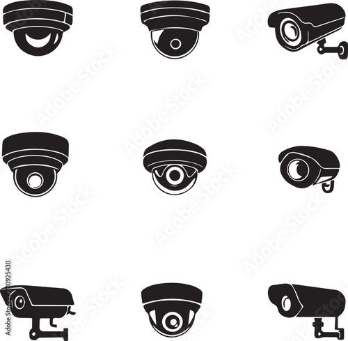 "Security Camera Vector Icons – Minimal Surveillance Equipment Set with Dome, Bullet & Turret Styles"