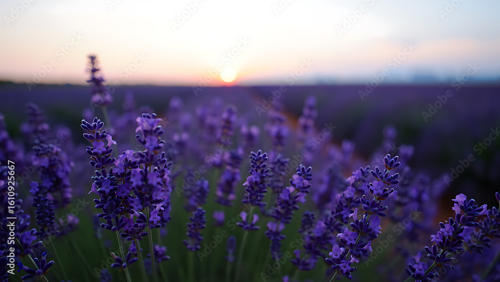 Obraz premium Purple lavender field at sunset nature
