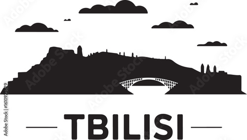 Tbilisi Skyline Silhouette Narikala Fortress Peace Bridge Georgian Capital City Vector in Black