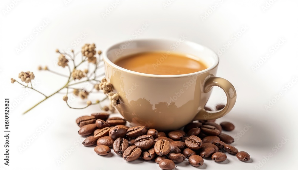 Obraz premium Warm Coffee Mug with Roasted Beans and Delicate Dried Flowers on White