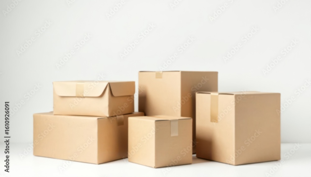 Multiple cardboard boxes in different sizes, white backdrop , storage, shipping container, shipping box Multiple cardboard boxes in different sizes, white backdrop , storage, shipping container, shipping box
