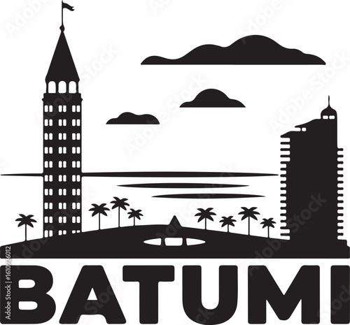 Batumi Skyline Silhouette Alphabetic Tower Black Sea Hotels Georgian Coastal City Vector in Black