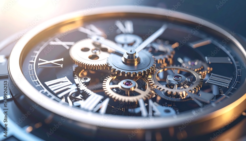 Fototapeta premium Close-up of intricate clockwork gears, Roman numerals, and elegant design