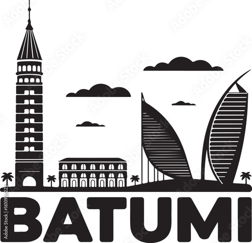 Batumi Skyline Silhouette Alphabetic Tower Black Sea Hotels Georgian Coastal City Vector in Black