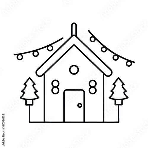 Holiday sleighs bells and snowy winter house in line art Christmas themed vector illustration