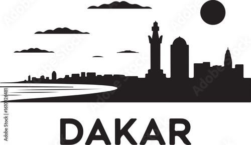 Dakar Skyline Silhouette African Renaissance Monument Atlantic Coastline Senegalese City Vector in Black
