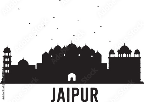 Jaipur Skyline Silhouette Hawa Mahal Forts Domes Royal Indian City Vector in Black