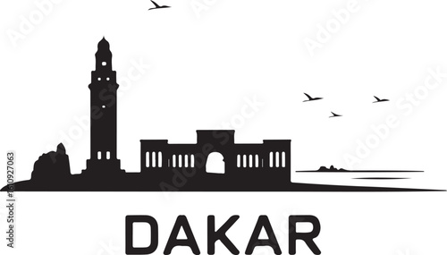 Dakar Skyline Silhouette African Renaissance Monument Atlantic Coastline Senegalese City Vector in Black