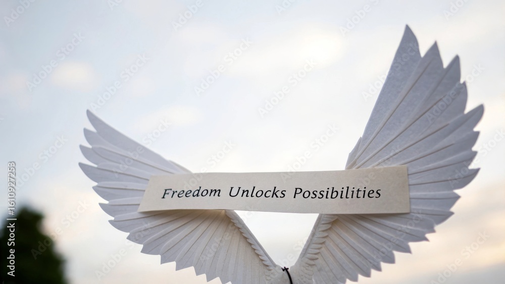 Fototapeta premium Inspiring Freedom Message, White Wings, Outdoor Setting, Photography, Nature, Uplifting Concept