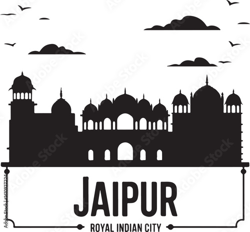 Jaipur Skyline Silhouette Hawa Mahal Forts Domes Royal Indian City Vector in Black