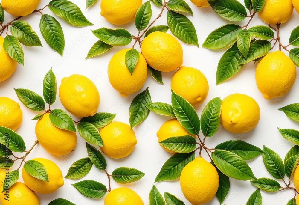 Obraz premium Lemons and leaves repeat in a vibrant, fresh pattern on white, healthy, background