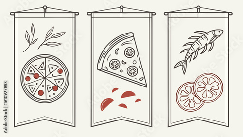 Delicious pizza banners with toppings, pizza slice, fish and tomato illustration
