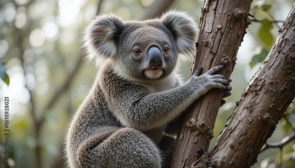 Naklejka premium Bayi koala marsupial yang lucu di pohon eukaliptus