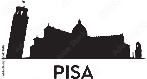 Pisa Skyline Silhouette Leaning Tower Cathedral Tuscan Rooftops Italian City Vector in Black