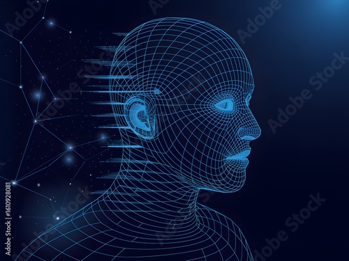 Blue wireframe human head with digital connections image