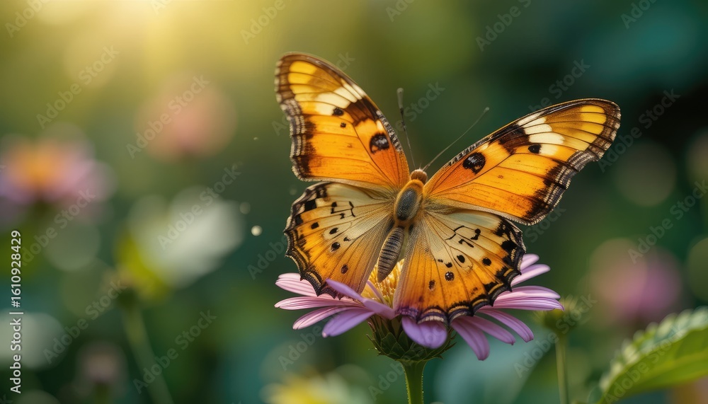Fototapeta premium A bright orange butterfly perches gracefully on a pink flower in a summer garden, showing off beautiful macro details of this fascinating insect in nature.