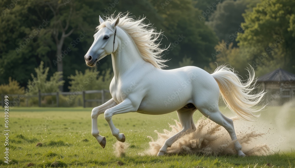 A graceful white horse galloped across the fields A graceful white horse galloped across the fields