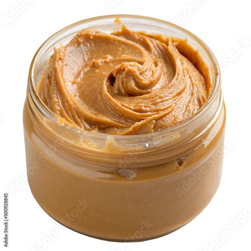 Glass jar of brown chocolate cream isolated on white background
