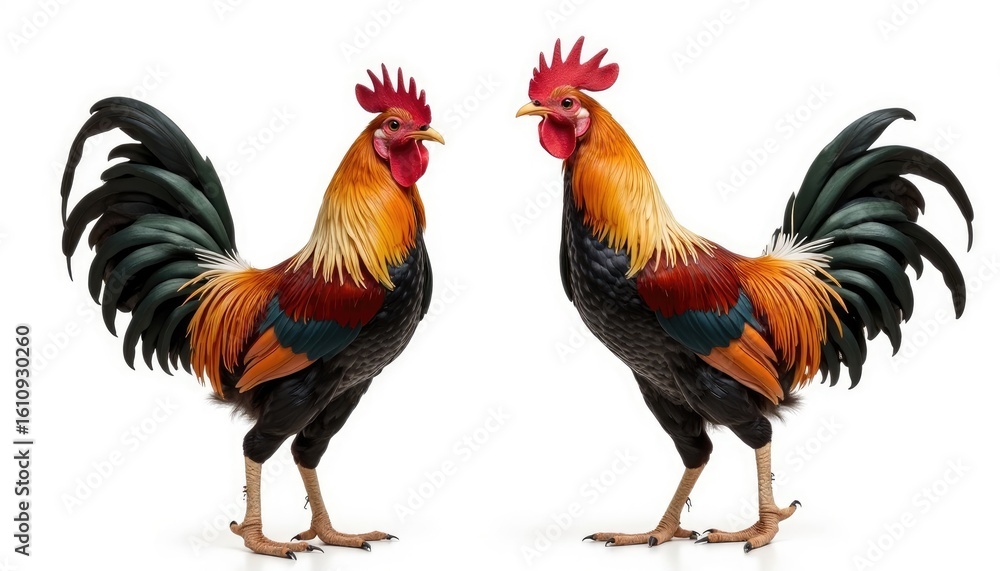 Fototapeta premium Two Majestic Roosters, Vibrant Colors Against a Pristine White Background