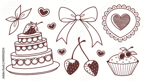 Cake cupcake dessert party birthday celebration hearts bow cherries strawberry outline art