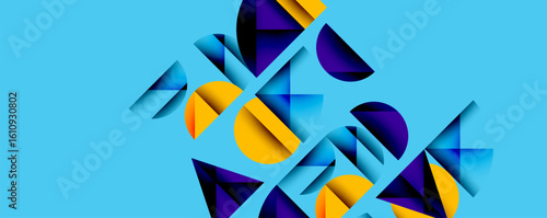 Abstract geometric shapes overlap, creating dynamic composition. Blue background contrasts vibrant purple, gold hues. Modern design.