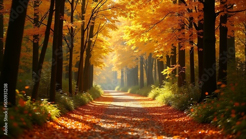 Autumn forest path with golden maple leaves floating in air, dappled sunlight