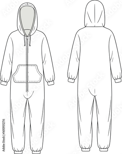 CAD drawing flat vector illustration of hooded onesie, front and back views, zipper closure, drawstring hood, fashion sketch layout, cozy loungewear design, garment template