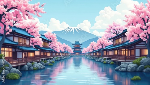Serene Japanese Canal Town at Sunset, Mt. Fuji Backdrop, Cherry Blossoms