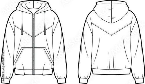 Cad drawing flat vector illustration of hooded zip-up jacket, casual wear, long sleeves, kangaroo pocket, fashion design, clothing template.