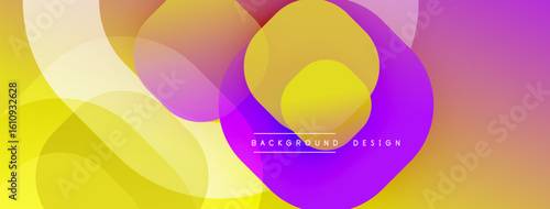 Abstract background features overlapping colorful shapes. Yellows, purples, whites create dynamic visual effect. Modern design element.