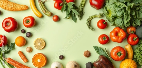 Fototapeta Naklejka Na Ścianę i Meble -  Vibrant flat lay of assorted organic fruits and vegetables on a pale green backdrop,   clean eating,   appetizing