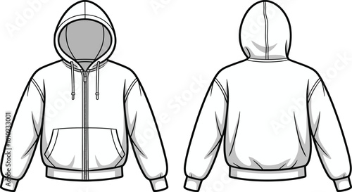 CAD drawing flat vector illustration of hoodie, front and back views, garment sketch, technical fashion design, clothing layout, stylish streetwear mockup, apparel vector template
