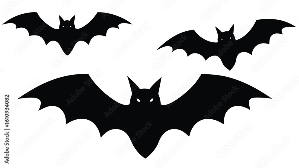 Fototapeta premium A spooky group of three black bat silhouettes with glowing white eyes, flying together against an isolated white background. A classic Halloween illustration.