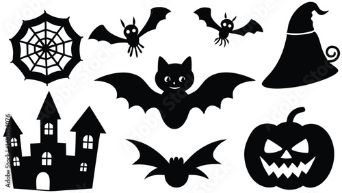 Classic Halloween celebration symbols in black silhouette form