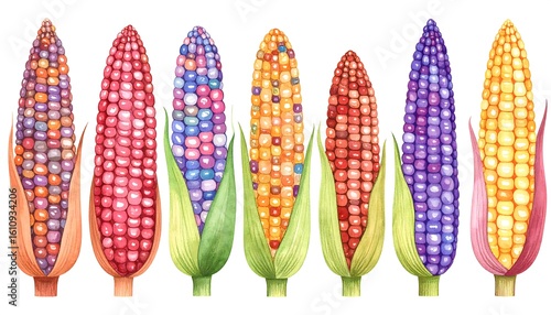 Seven watercolor illustrations of colorful corn cobs