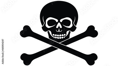 Monochrome vector graphic of a skull and crossbones symbol. This flat design icon serves as a powerful warning for toxicity, mortality, and hazardous materials. An emblem of piracy and rebellion.