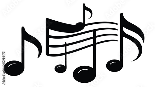 A dynamic arrangement of black musical notes flowing on a staff, illustrating a beautiful melody and rhythmic composition. A vector graphic icon symbolizing harmony, sound, and the art of music.